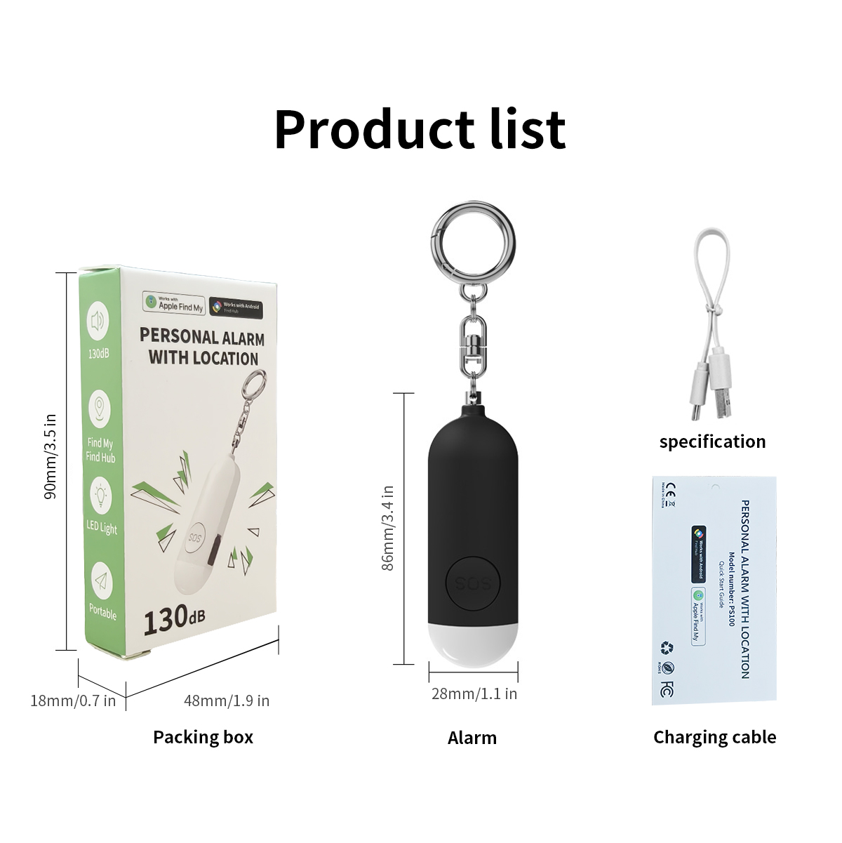 Alarma personal, caja, cable de carga y manual del proveedor